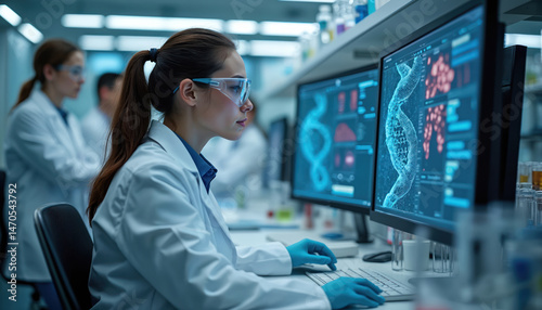 Female scientist working with computer in medical science lab. Biotechnology team developing drugs, gene therapy interface analysis. Medical research, science, tech and innovation in clinic.