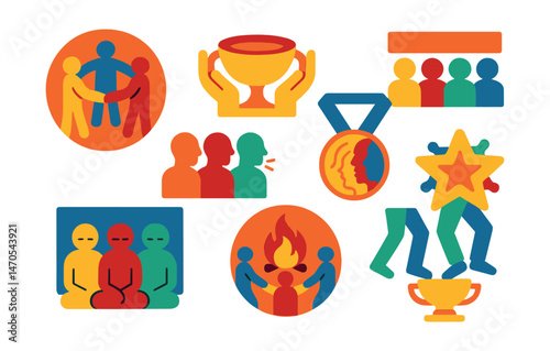 Flat vector icons of group rituals: holding hands circle badge, joint offering bowl trophy, synchronized breath medal, collective chant ribbon, shared silence icon, fire circle badge, community