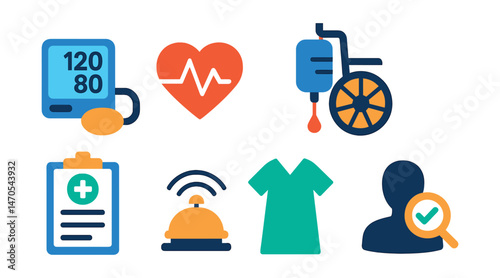 Flat vector icons of patient care: blood pressure monitor, heart rate, IV drip, wheelchair, patient chart, call bell, hospital gown, checkup symbol.