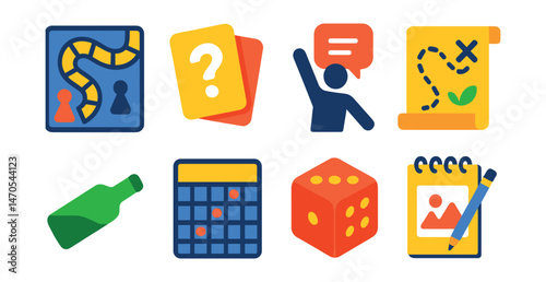 Flat vector icons of party games: board game, trivia cards, charades icon, scavenger hunt, spin the bottle, bingo card, party dice, drawing pad.