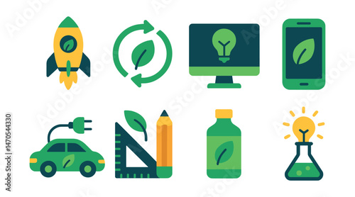 Flat vector icons of green innovation: eco startup, circular economy, green tech, sustainable app, clean mobility, green design, low-impact product, innovation lab.