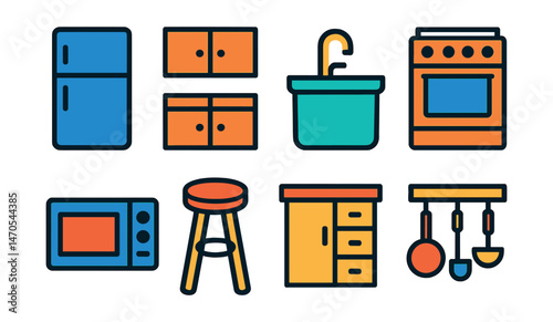 Flat vector icons of kitchen elements: refrigerator, kitchen cabinets, sink with faucet, oven with stove, microwave, bar stool, kitchen island, hanging pots rack.