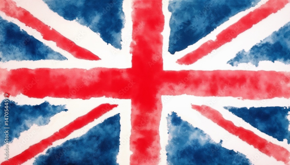 Fototapeta premium Watercolor painting of United Kingdom flag with vibrant colors on white background copy space