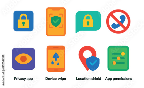 Flat vector icons of mobile security: app lock, phone scan, secure messaging, call blocker, privacy app, device wipe, location shield, app permissions.