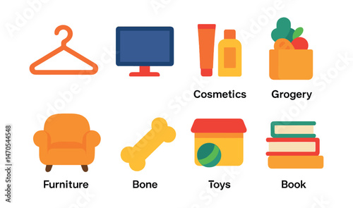 Flat vector icons of product categories: clothing hanger icon, electronics monitor, cosmetic product set, grocery bag, furniture armchair, pet supplies bone, toy box, book stack.