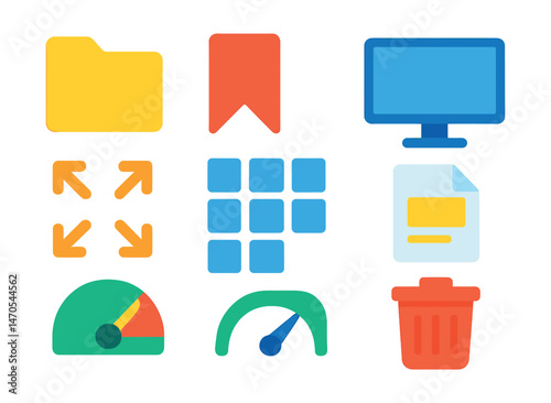Flat vector icons of digital organization: app folder, bookmark icon, desktop icon, drag and drop, grid view, file preview, storage meter, trash bin.