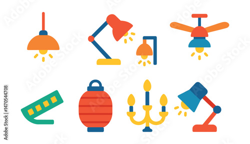 Flat vector icons of lighting styles: pendant light, desk lamp, wall sconce, ceiling fan light, LED strip, paper lantern, chandelier, reading spotlight.