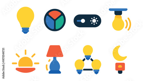 Flat vector icons of smart lighting: smart bulb, color changer, brightness slider, motion sensor light, sunrise alarm, ambient mode, light group, night light.