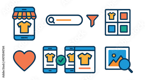Flat vector icons of product browsing: mobile store app, product search bar, product filters icon, item grid view, wishlist heart, compare items screen, product preview popup, zoom on image icon.