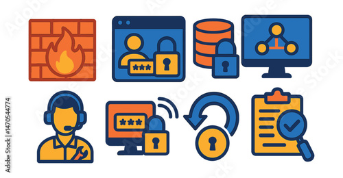 Flat vector icons of corporate cybersecurity: company firewall, employee login, secure database, network monitor, IT support icon, remote access lock, password reset, cyber audit.