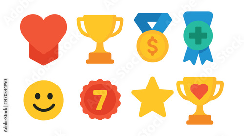 Flat vector icons of daily horoscope categories: love horoscope badge, career forecast trophy, money and finance medal, health and wellness ribbon, mood and energy icon, lucky number badge, color of