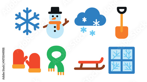 Flat vector icons of snowy weather: snowflake, snowman, snow cloud, shovel, mittens, scarf, sled, frozen window.