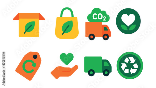 Flat vector icons of sustainability in shopping: eco packaging, reusable bag, low carbon shipping, ethical brand icon, secondhand item tag, donation with purchase, green delivery truck, zero waste