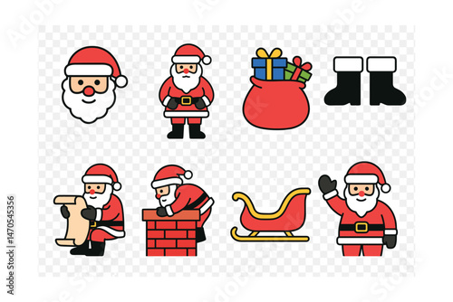 Flat vector icons of Santa Claus: Santa face, full-body Santa, Santa sack with gifts, Santa’s boots, reading wish list, climbing chimney, Santa’s sleigh, waving Santa hand.