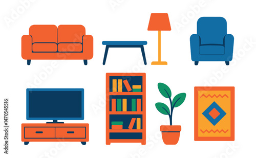 Flat vector icons of living room furniture: modern sofa, coffee table, floor lamp, armchair, TV on stand, bookshelf, indoor plant in pot, rug with pattern.