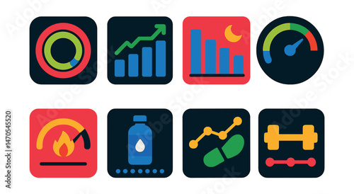 Flat vector icons of fitness dashboards: activity ring, weekly progress, sleep graph, stress gauge, calorie goal, hydration tracker, step goal, workout timeline.