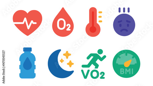 Flat vector icons of health metrics: heart rate, blood oxygen, body temperature, stress level, hydration level, sleep quality, VO2 max, BMI scale.
