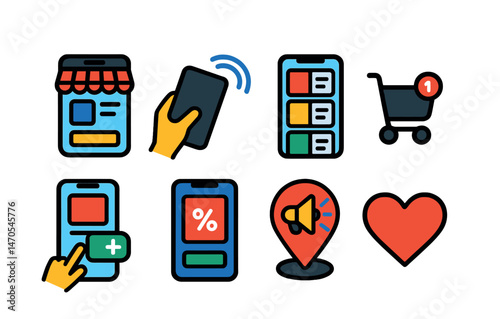 Flat vector icons of mobile shopping: mobile app interface, tap-to-pay phone, product scroll screen, cart notification badge, swipe-to-add icon, in-app offer popup, location-based ad, wishlist heart