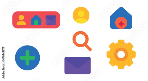 Flat vector icons of mobile interface: bottom nav bar, profile tab, home feed, explore tab, search icon, inbox tab, settings gear, upload plus icon.