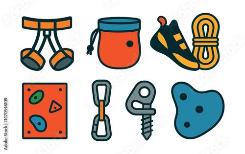 Flat vector icons of rock climbing: harness, chalk bag, climbing shoe, belay rope, climbing wall, quickdraw, bolt anchor, grip hold.
