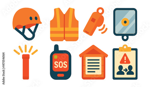 Flat vector icons of adventure safety: helmet icon, safety vest, emergency whistle, signal mirror, flare, GPS SOS button, trail register, callout plan.
