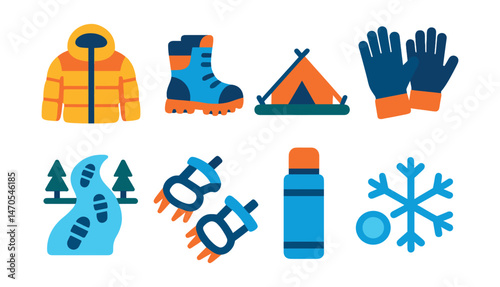 Flat vector icons of cold-weather hiking: insulated jacket, snow boots, winter tent, thermal gloves, snow trail, ice cleats, thermos, frost icon.