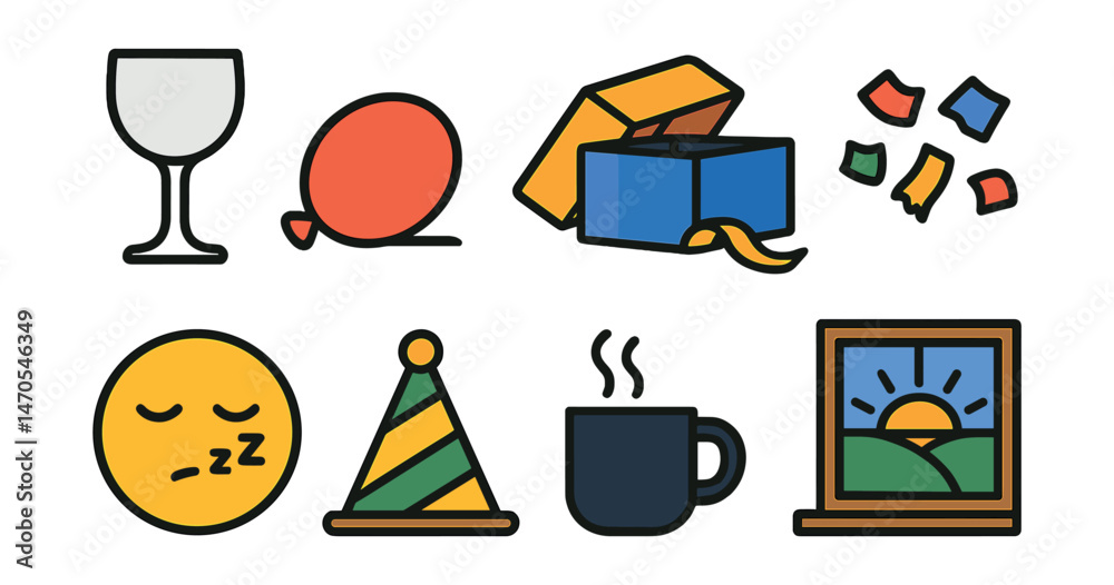 Flat vector icons of celebration aftermath: empty glass, balloon on floor, unwrapped gift box, torn confetti, sleepy face, party hat on table, morning coffee mug, sunrise through window.