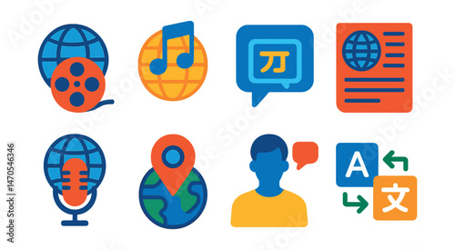 Flat vector icons of cultural media: world cinema reel, international music note, foreign subtitles, multilingual news, global podcast, travel show, native speaker, translation icon.