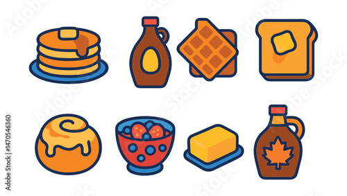 Flat vector icons of sweet breakfast: pancakes, waffles, syrup bottle, French toast, cinnamon roll, fruit compote, butter pat, maple syrup.