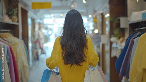Woman with shopping bags walking away in clothing store.