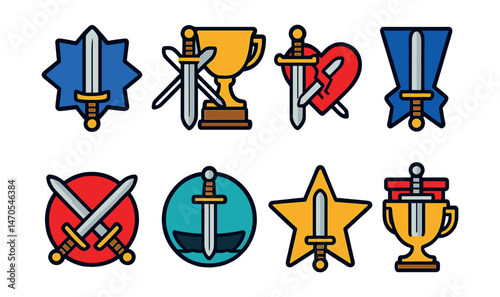 Flat vector icons of suit of Swords: Ace of Swords clarity badge, Two of Swords decision trophy, Three of Swords heartbreak medal, Four of Swords rest ribbon, Five of Swords conflict icon, Six of