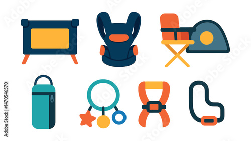 Flat vector icons of baby travel: travel crib, baby carrier, diaper bag, portable chair, sunshade, bottle bag, travel toy, safety strap.