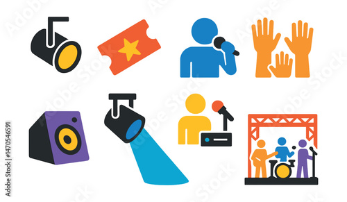 Flat vector icons of live performance: stage light, concert ticket, performer icon, crowd hands, stage monitor, spotlight beam, soundcheck icon, band setup.