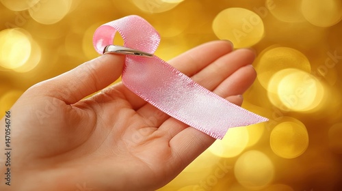 Woman's hand holding a pink ribbon on a ring.