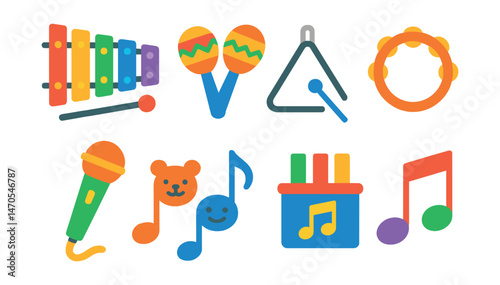 Flat vector icons of kids music: xylophone, maracas, triangle, tambourine, sing-along mic, animal notes, music toy box, colorful note.
