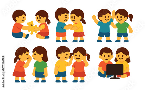 Flat vector icons of sibling relationships: sharing toys, fighting, hugging, team play, secret talk, teasing, helping each other, watching cartoons.