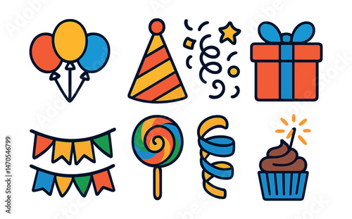 Flat vector icons of children’s celebrations: balloons bunch, birthday hat, confetti swirl, wrapped gift, kids’ banner, colorful lollipop, paper streamer, cupcake with sparkler.