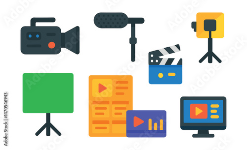 Flat vector icons of video production: camcorder, boom mic, clapperboard, lighting kit, green screen, storyboard, editing software, video timeline.