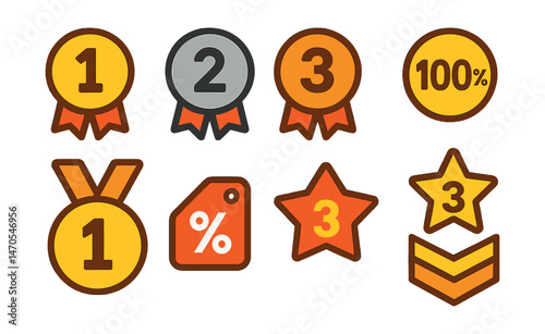 Flat vector icons of numeric badges: badge with 1st place, badge with 2nd place, badge with 3rd place, gold 100% circle, numeric award ribbon, percentage tag, star with number, rank icon with digits.