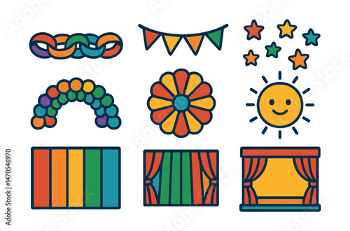 Flat vector icons of Children’s Day decorations: paper chain garland, colorful flag banner, star confetti, rainbow balloon arch, flower paper fan, cartoon sun, party backdrop, stage with curtains.
