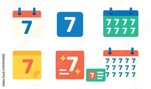 Flat vector icons of calendar digits: date icon with number, digital calendar day, circled date number, weekly planner with digits, numbered sticky note, holiday date box, schedule card with number,
