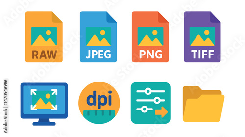 Flat vector icons of photo formats: RAW file, JPEG icon, PNG format, TIFF document, image resolution, DPI icon, export settings, file folder.