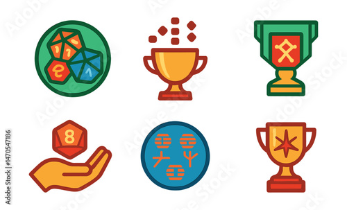 Flat vector icons of dice and lot casting: astrology dice set badge, geomancy symbol throw trophy, numbered fate dice medal, diviner’s cloth ribbon, intuitive roll icon, hexagram spread badge,