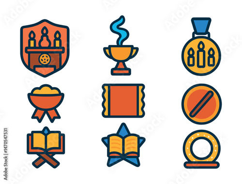 Flat vector icons of ritual setups: altar table badge, incense smoke trail trophy, circle of candles medal, offering bowl ribbon, sacred cloth icon, ritual wand placement badge, open book on stand