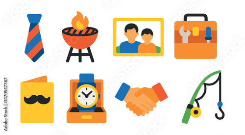 Flat vector icons of Father’s Day: necktie, barbecue grill, family photo, tool kit, card with mustache, watch gift, family handshake, fishing gear.