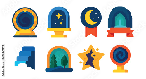 Flat vector icons of mystical portals: star gate badge, celestial archway trophy, lunar door medal, glowing cave entrance ribbon, cloud staircase icon, forest portal badge, dimension crack star,