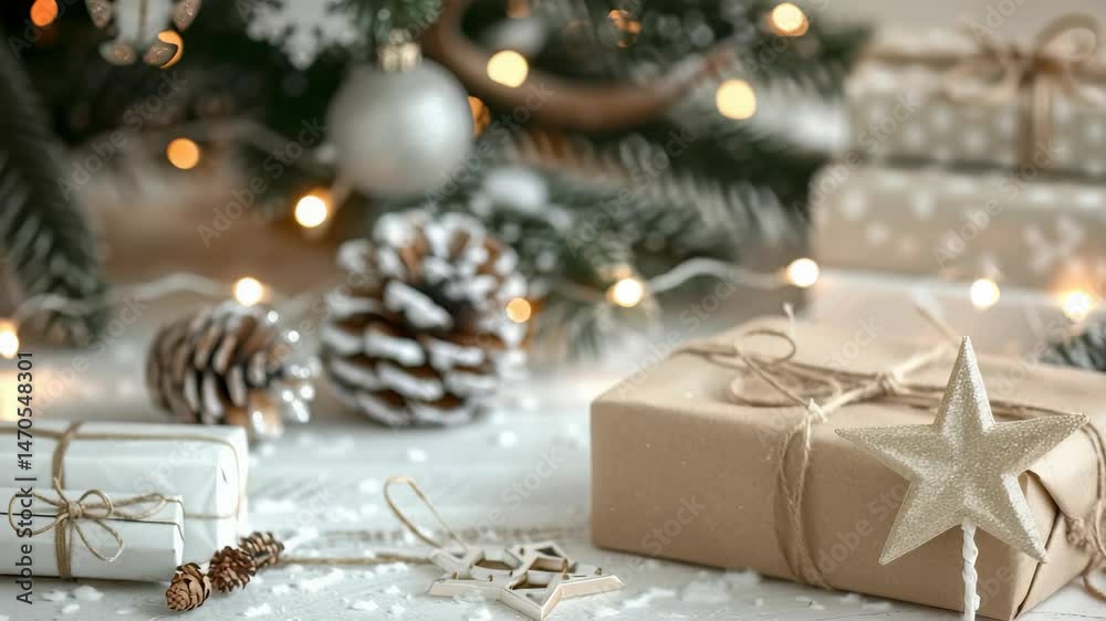 A festive scene presents Christmas gifts wrapped in craft paper with natural string and star-shaped decorations, accompanied by pinecones, ornaments, and warm lights for a cozy holiday ambiance.