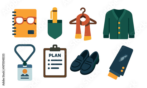 Flat vector icons of teacher attire and symbols: glasses on notebook, pen in pocket, scarf on hanger, cardigan with buttons, ID badge with lanyard, clipboard with plan, comfy shoes, chalk-stained