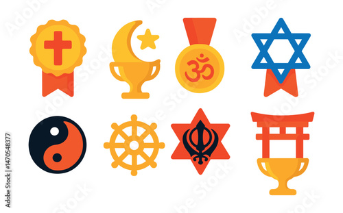 Flat vector icons of world religions: cross badge, crescent moon and star trophy, Om symbol medal, Star of David ribbon, yin-yang harmony icon, Dharma wheel badge, Sikh Khanda star, Shinto torii gate