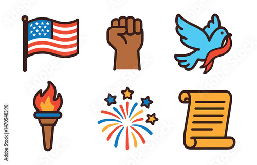 Flat vector icons of freedom symbols: waving national flag, raised fist for liberty, dove flying with ribbon, torch of freedom, fireworks with stars, historic document scroll.